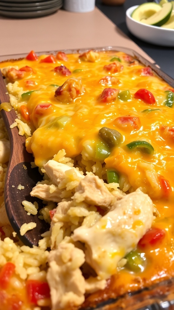 Cheesy chicken and rice casserole in a baking dish, topped with melted cheese and breadcrumbs.